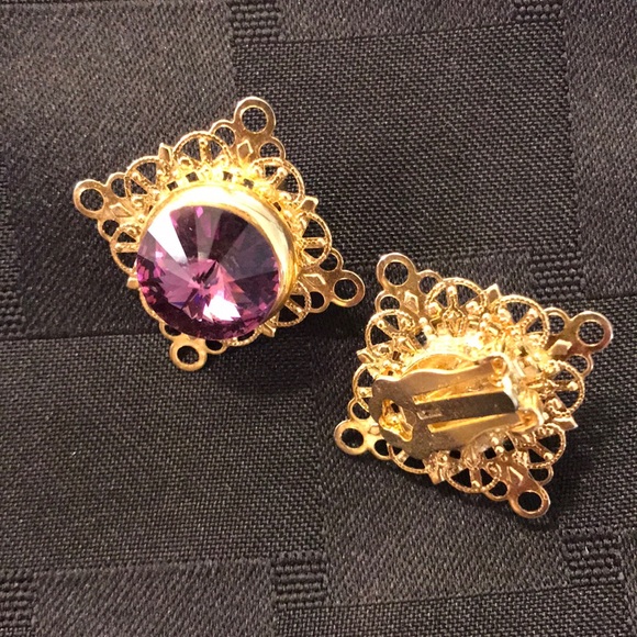 Gold & Purple stone clip on earrings - Picture 1 of 4